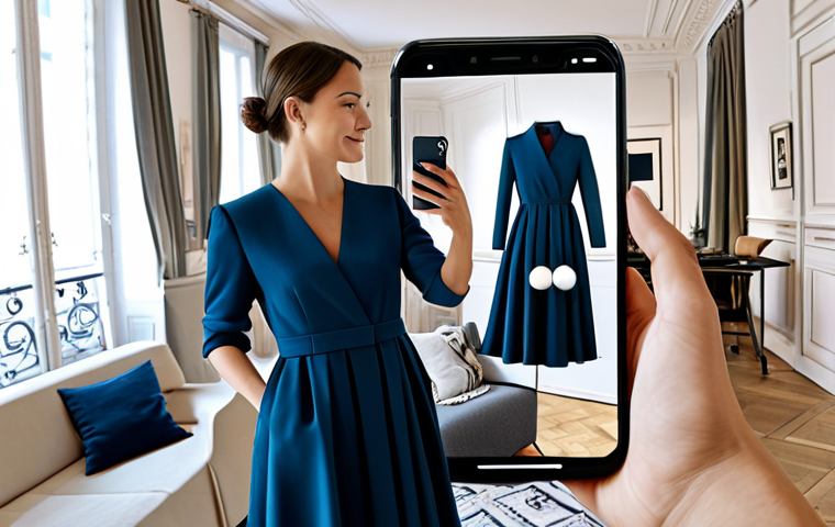 Augmented Reality Shopping Experience**
"A shopper, fully clothed in a stylish, modern outfit, using a smartphone to virtually try on a dress in their living room. The dress is superimposed on their image via AR. Background shows a tastefully decorated Parisian apartment. Safe for work, appropriate content, modest attire, professional, perfect anatomy, correct proportions, well-formed hands, natural pose, high quality, family-friendly."
**