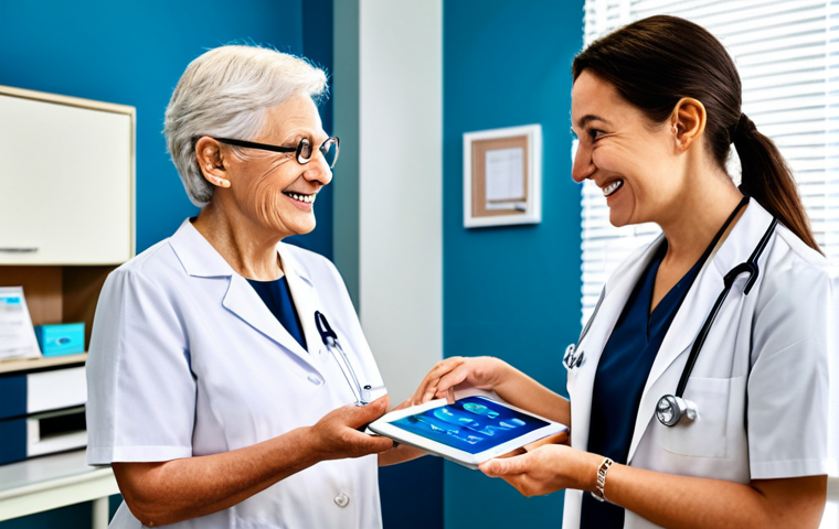 AI 연구의 다학문적 접근 사례 - Healthcare**
"A friendly doctor uses an AI-powered tablet to explain a diagnosis to a fully clothed...