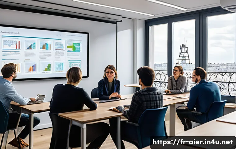 인공지능 관련 글로벌 인증 프로그램 - A modern classroom setting in Paris with diverse adult professionals engaged in a blended learning A...