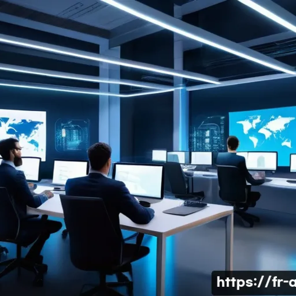 AI 프로젝트의 데이터 보안 문제 - A futuristic European office environment showcasing cybersecurity experts analyzing AI data protecti...