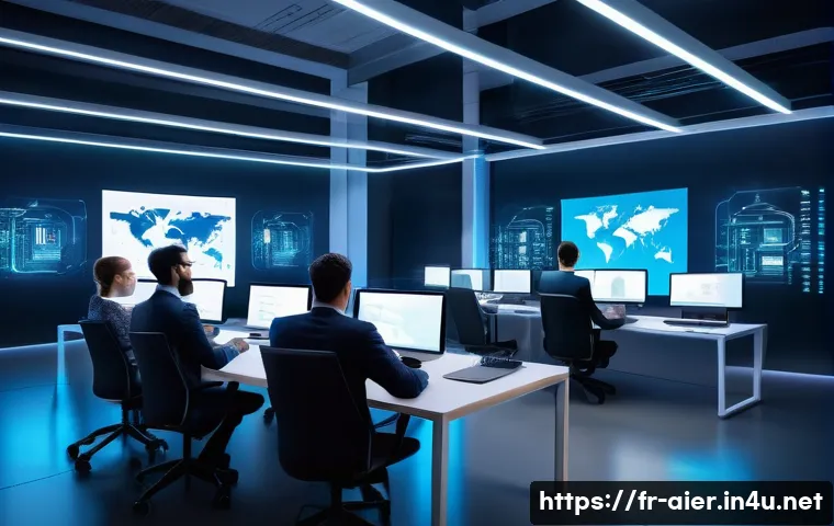 AI 프로젝트의 데이터 보안 문제 - A futuristic European office environment showcasing cybersecurity experts analyzing AI data protecti...