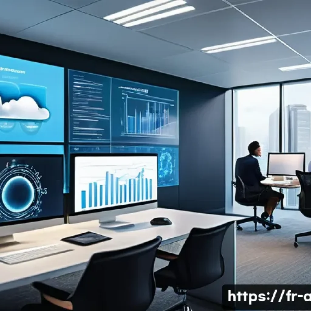 AI 기술과 클라우드 서비스 통합 - A modern, sleek office environment showcasing a diverse team of professionals collaborating around l...