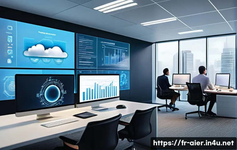 AI 기술과 클라우드 서비스 통합 - A modern, sleek office environment showcasing a diverse team of professionals collaborating around l...
