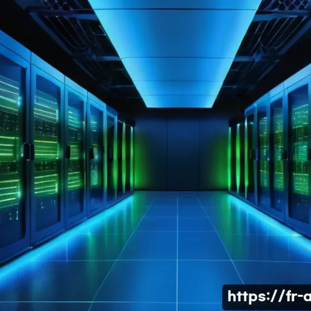 머신러닝 프로젝트의 클라우드 활용 사례 - A modern cloud data center interior with rows of high-performance servers and GPUs glowing softly in...