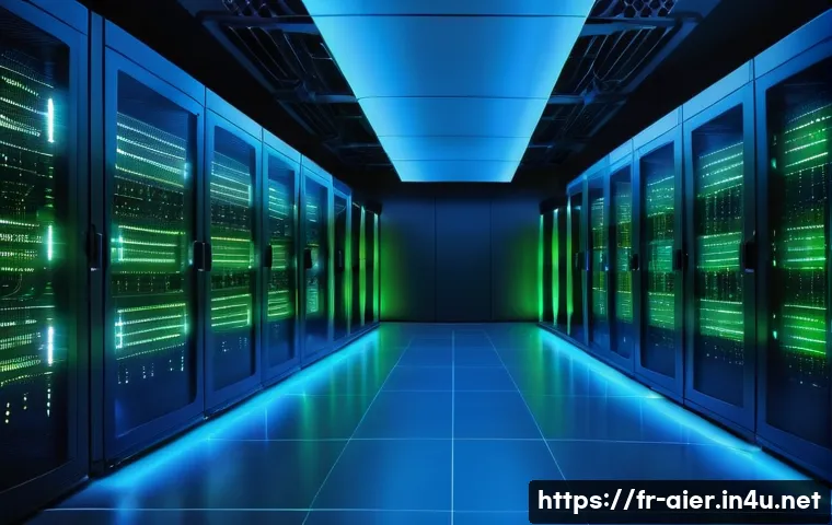 머신러닝 프로젝트의 클라우드 활용 사례 - A modern cloud data center interior with rows of high-performance servers and GPUs glowing softly in...