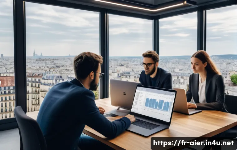 AI 분야의 최신 채용 동향 - A modern French office scene showing a diverse group of professionals collaborating on AI projects. ...