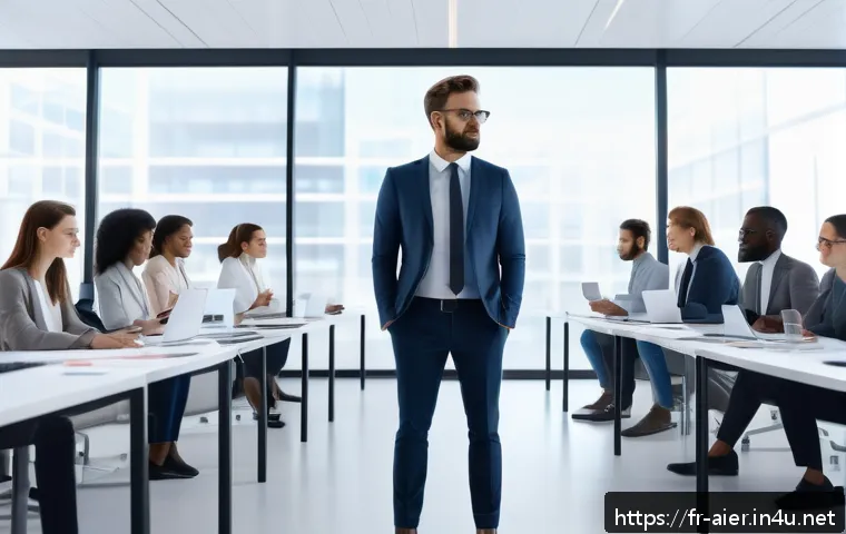 인공지능과 인간의 협업 사례 - A modern office scene showing a diverse team of professionals collaborating seamlessly with advanced...