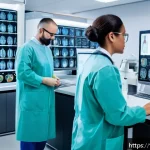 Home 18 AI 기술을 이용한 스타트업 사례 - A modern medical laboratory scene in Paris featuring a diverse team of professionals analyzing advan...