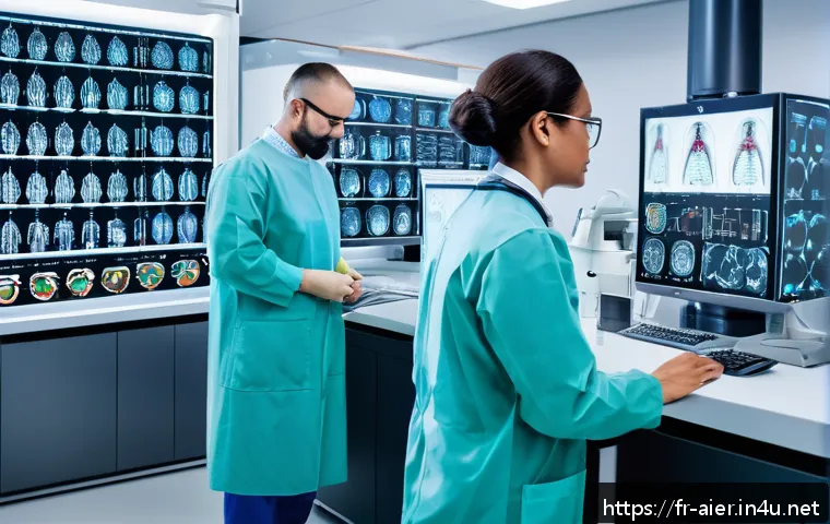 AI 기술을 이용한 스타트업 사례 - A modern medical laboratory scene in Paris featuring a diverse team of professionals analyzing advan...