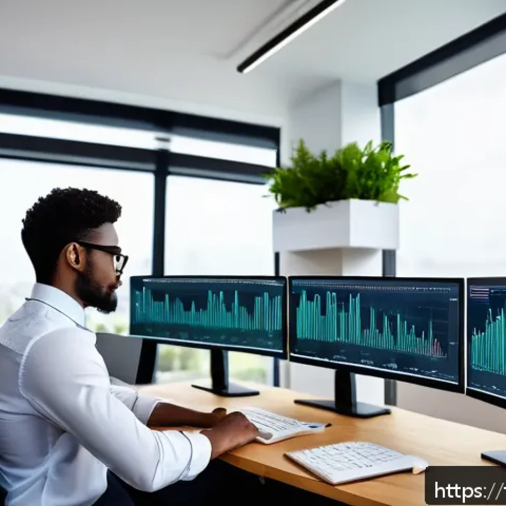 AI 관련 데이터셋 활용법 - A modern data scientist working in a bright, organized office filled with multiple computer screens ...