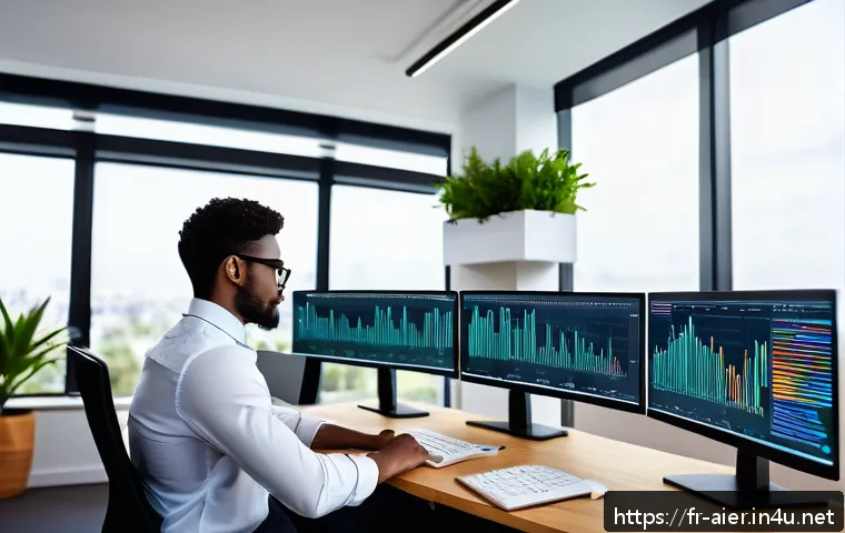 AI 관련 데이터셋 활용법 - A modern data scientist working in a bright, organized office filled with multiple computer screens ...