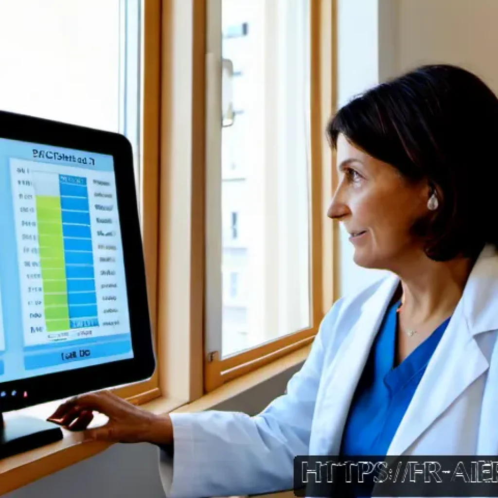 AI와 헬스케어 융합 사례 - Photorealistic French hospital telemedicine suite in Lyon, an elderly French woman in a modest cardi...