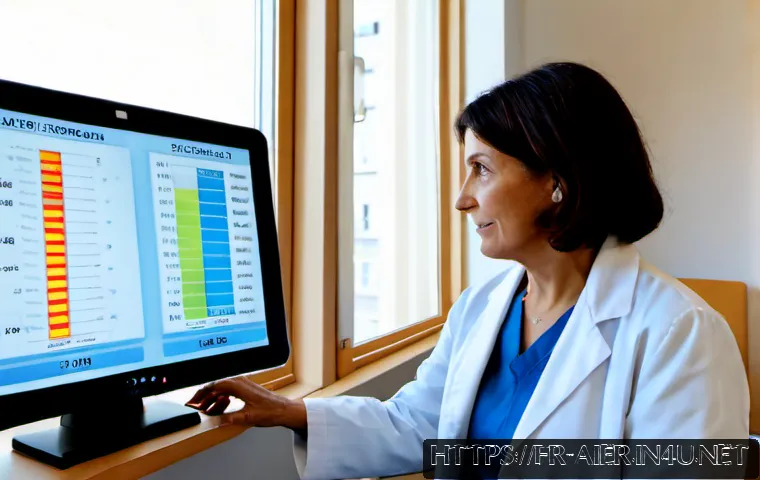 AI와 헬스케어 융합 사례 - Photorealistic French hospital telemedicine suite in Lyon, an elderly French woman in a modest cardi...